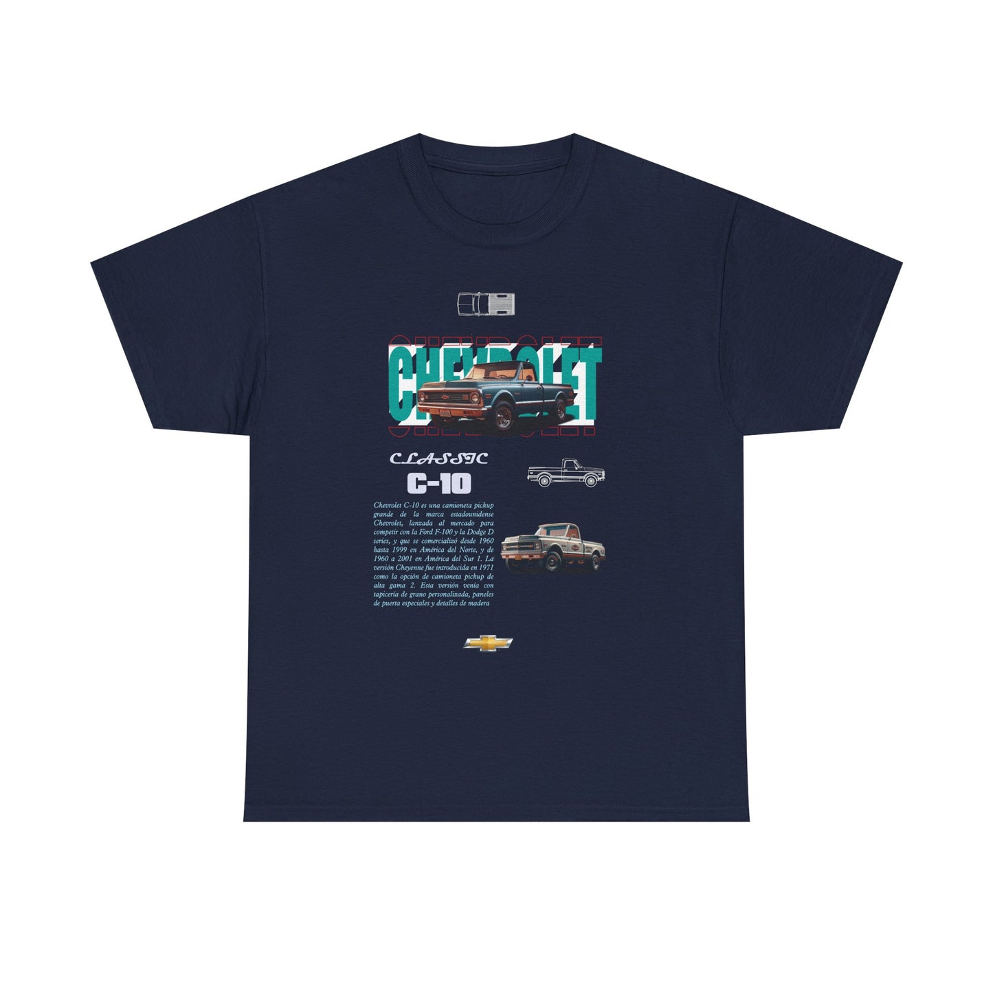Classic Chevrolet C-10 men's t-shirt in navy blue displaying a vibrant retro graphic of the classic pickup, ideal for car lovers and style aficionados.