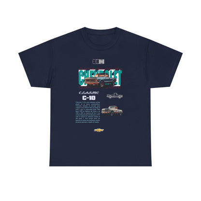 Classic Chevrolet C-10 men's t-shirt in navy blue displaying a vibrant retro graphic of the classic pickup, ideal for car lovers and style aficionados.