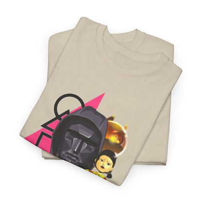 Stylish beige Squid Game graphic T-shirt featuring iconic characters and vibrant design, perfect for fans of bold fashion statements.