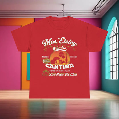 Star Wars Mos Eisley Cantina Graphic T-Shirt in vibrant red, showcasing a unique urban design, perfect for fans and streetwear enthusiasts.