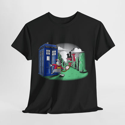 Luxurious Dr Who In Wonderland unisex graphic t-shirt featuring a whimsical design with a vibrant blue police box and a stylish rabbit character holding a pocket watch, set against an enchanting landscape, perfect for adventurous souls.