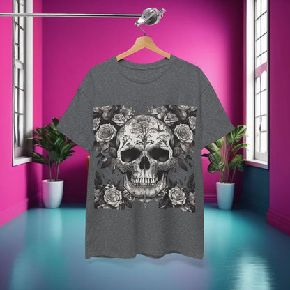 Front view of the Skulls and Roses Cotton Tee, showcasing intricate skull and rose designs, perfect for alternative fashion enthusiasts.
