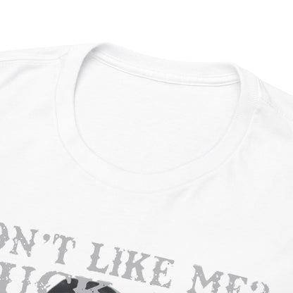 Detailed close-up image of the neckline of a luxurious white t-shirt, highlighting the premium fabric quality and distinct tattooed nun graphic with the text 'Don't Like Me? FUCK OFF'.