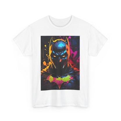 Front view of a striking white unisex tee shirt adorned with a vibrant graphic of Batman, part of the Vibrant Batman Graphitti Graphic collection.