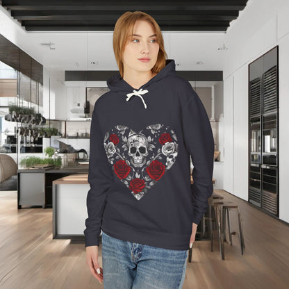 Unisex Lightweight Hooded Sweatshirt showcasing a striking skull and roses graphic, modelled in a chic contemporary setting.