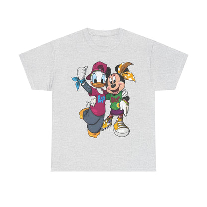 Daisy Duck & Minnie Mouse Unisex Graphic Tee Shirt, elegantly illustrating iconic characters reimagined in urban fashion, ideal for streetwear enthusiasts and fans of pop culture.