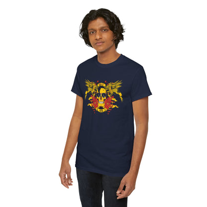 Luxurious navy blue t-shirt featuring a striking yellow skull graphic with wings, flowers, and stars, perfect for making a bold fashion statement.