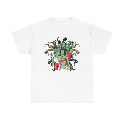 Luxury men's T-shirt featuring a striking cartoonish design with a vivid array of zombies. The shirt showcases a haunting ensemble creatively illustrated with exaggerated features, displayed against a white background.