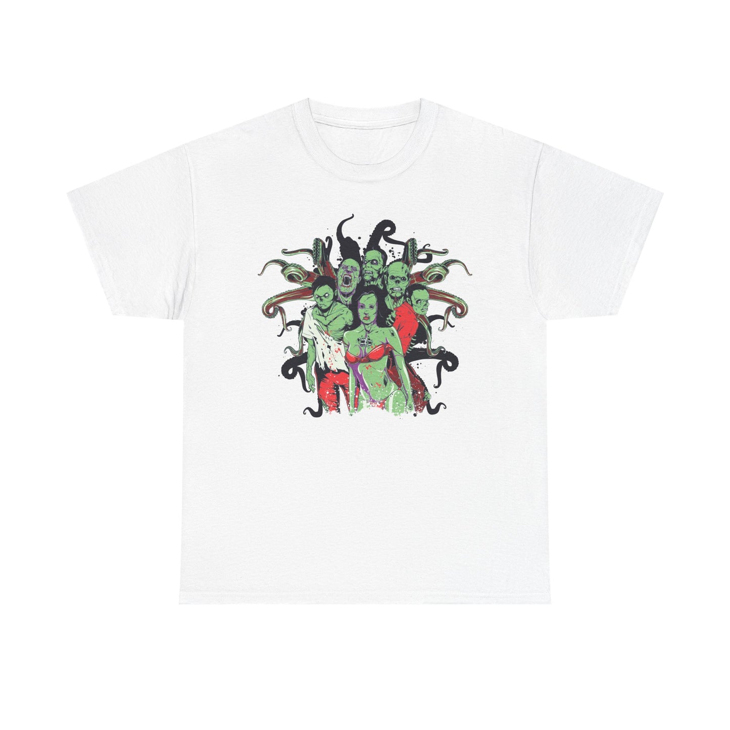 Luxurious white men's t-shirt featuring an intricate cartoonish undead design with a vibrant array of zombies, perfect for presenting an edgy fashion statement.