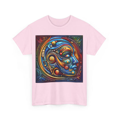 Front view of the Stained Glass Dreams Unisex T-Shirt, showcasing a vibrant and intricate abstract design representing a human face, set against a soft pink backdrop.