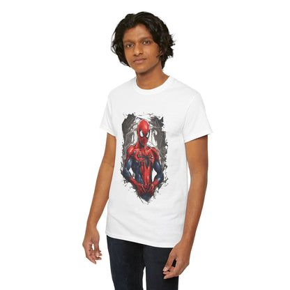 Unleash Your Inner Hero with the Spider-Man Graphic Unisex Graphic Tee Shirt showcased on a model, featuring a vibrant illustration of Spider-Man in his iconic costume.