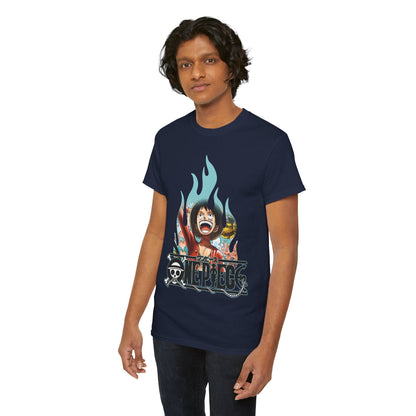 Fashionable man sporting a premium navy t-shirt with Luffy's vibrant graphic design, perfect for stylish everyday wear.