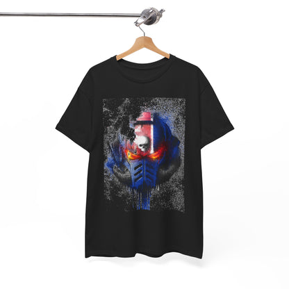 Elegant black graphic t-shirt displayed on a hanger, featuring an eye-catching helmet illustration with dynamic blue and red hues, perfect for contemporary fashion.