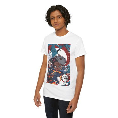 Model showcasing a luxurious white Demon Slayer T-Shirt featuring Tanjiro Kamado with vibrant fire-themed graphics, embodying anime elegance.