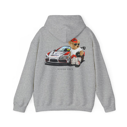 Elegant teddy bear racing hoodie in light grey, showcasing an adorable teddy bear in a racing outfit alongside a dynamic race car, ideal for stylish speed lovers.