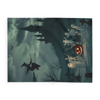 Exquisite Halloween spooky Arctic fleece blanket illustrating a captivating scene with spooky figures and a pumpkin under the moonlight, elevating your Halloween ambiance to luxurious heights.