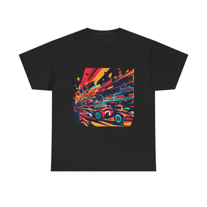 Retro Racing Vintage Car Graphic T-Shirt in black, showcasing a vibrant racing car design with striking colours, perfect for urban streetwear enthusiasts.