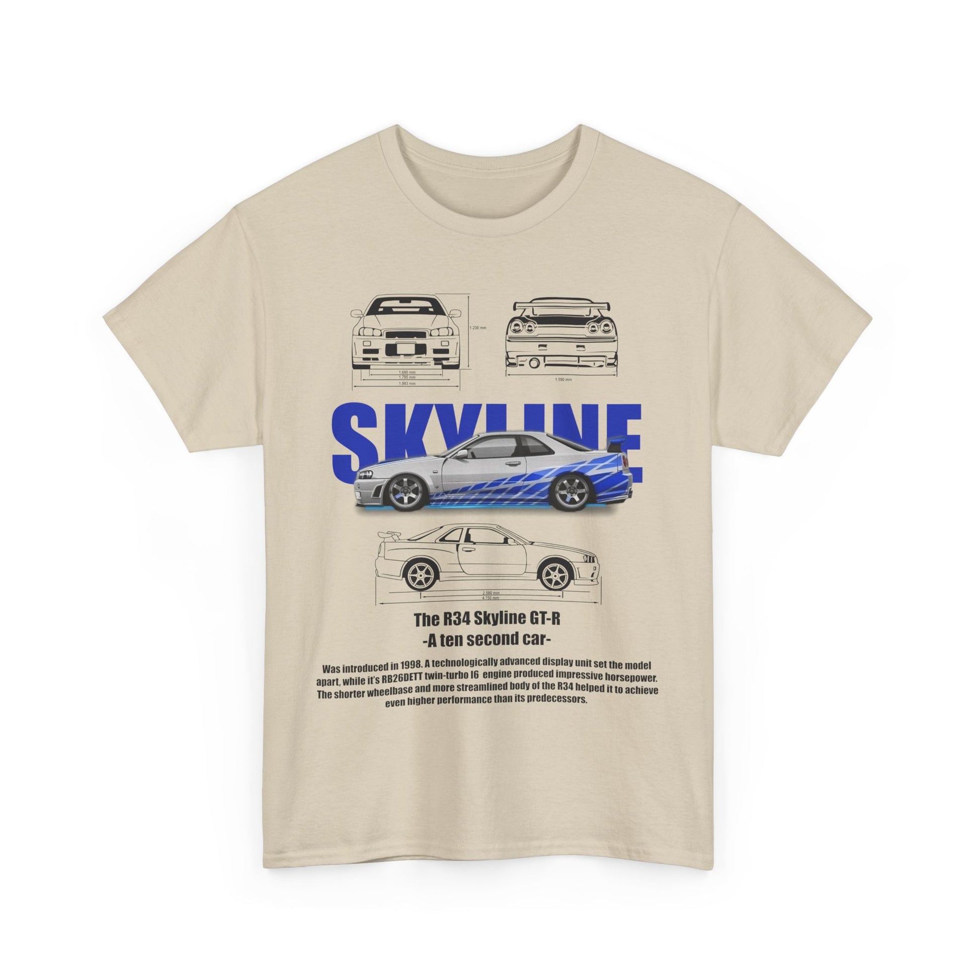 Front view of a luxurious beige men's t-shirt showcasing the R34 Skyline GT-R with detailed automotive graphics and bold 'SKYLINE' text, ideal for car enthusiasts.