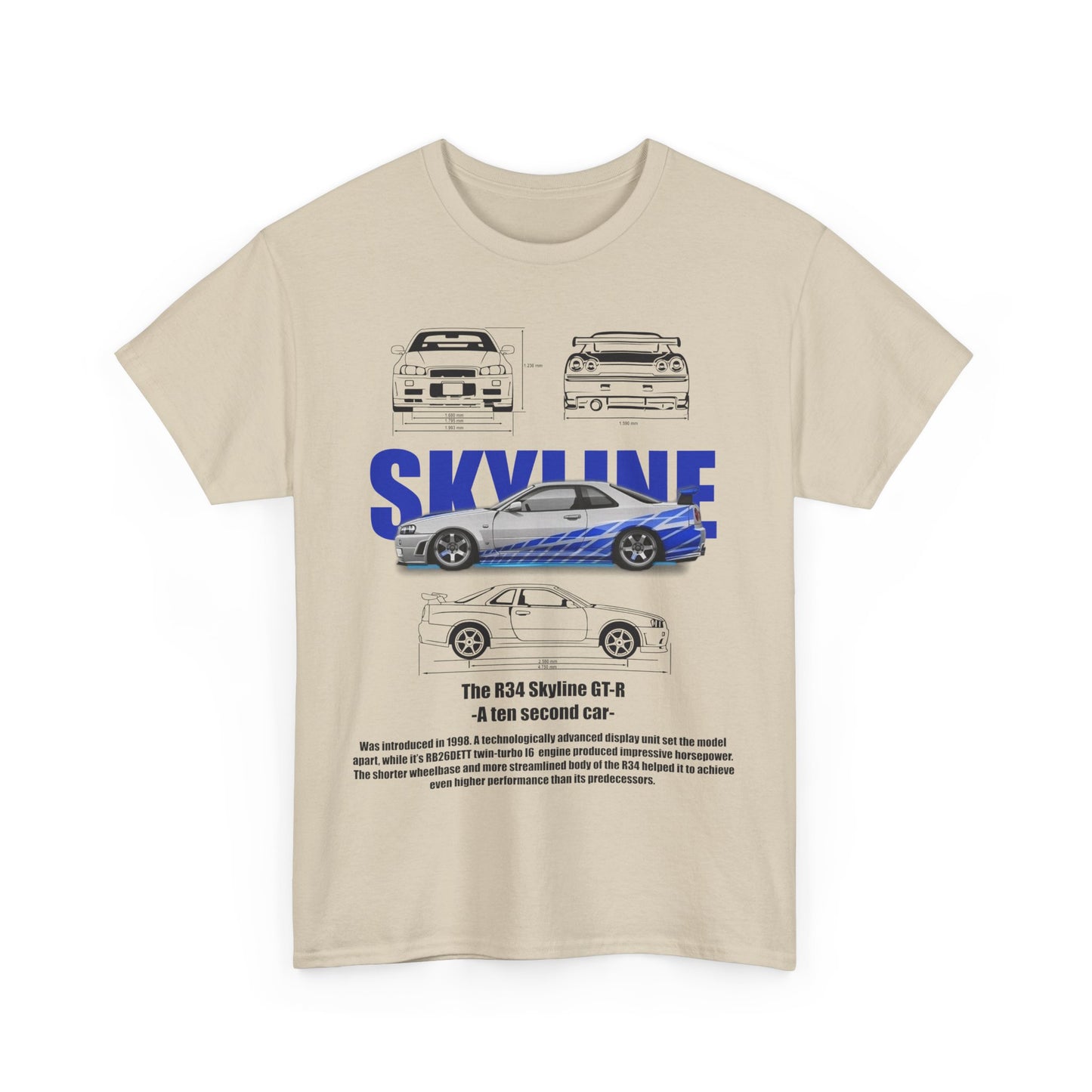 Chic beige t-shirt featuring the R34 Skyline GT-R illustration along with design specifications, ideal for discerning car aficionados.