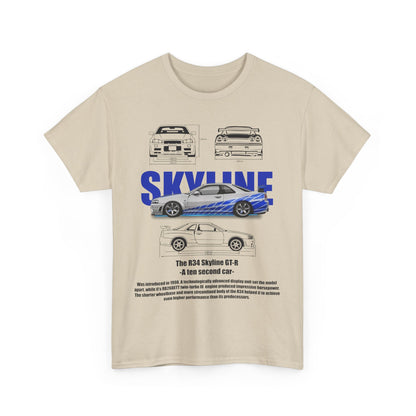 Chic beige t-shirt featuring the R34 Skyline GT-R illustration along with design specifications, ideal for discerning car aficionados.