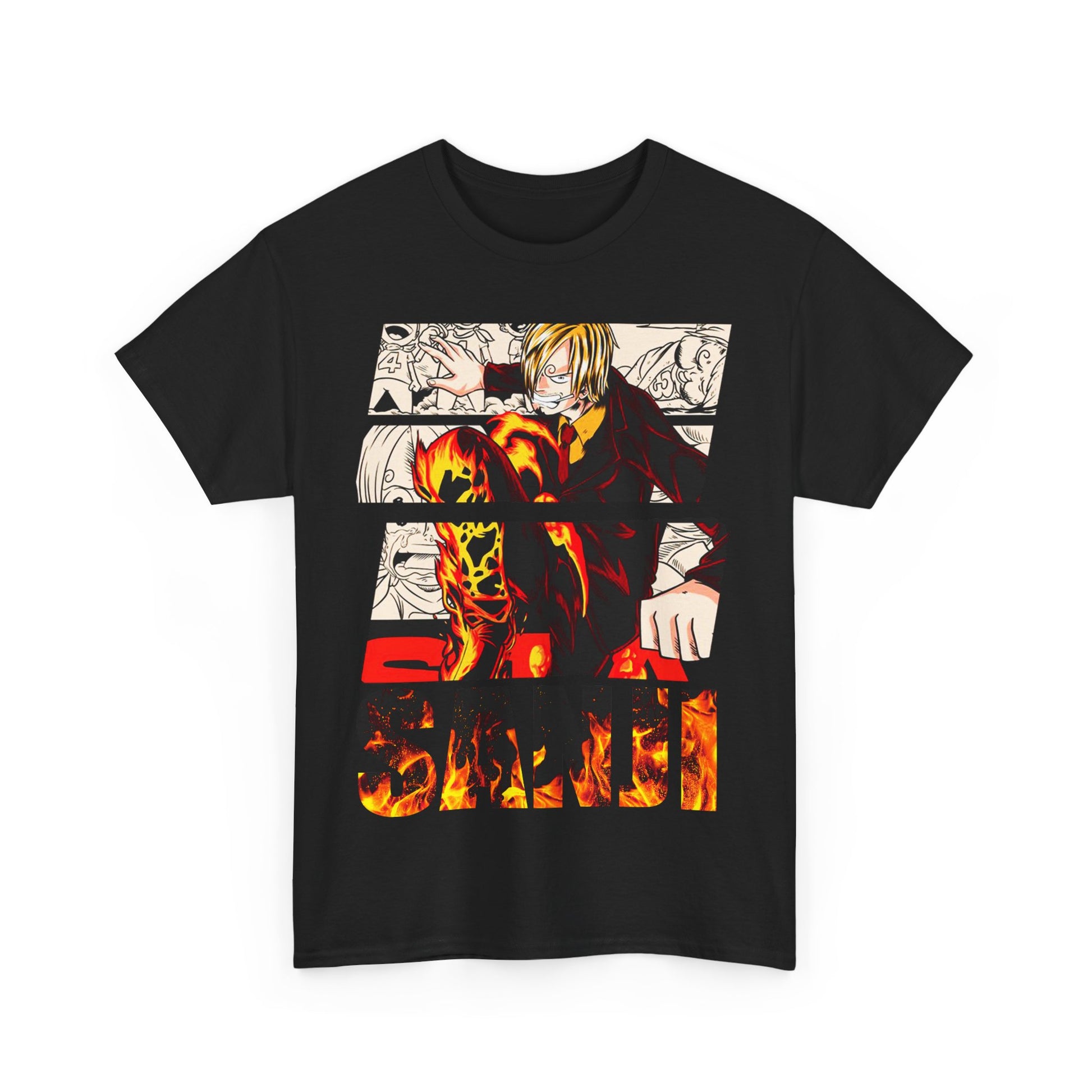 Striking black graphic t-shirt featuring Sanji, adorned with vibrant artwork that captivates anime lovers and showcases dynamic design.
