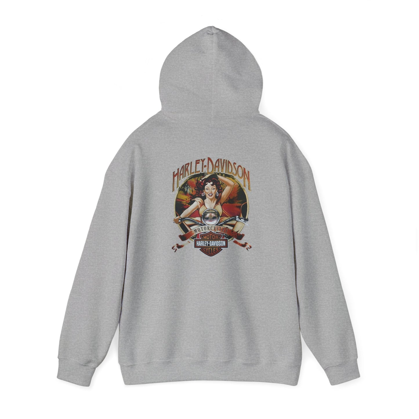Sophisticated back view of a grey Harley-Davidson hoodie showcasing a vibrant vintage pin-up design, blending nostalgic charm with modern luxury.