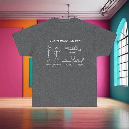Contemporary grey t-shirt designed for casual wear, featuring the "THE FAMILY" graphic with humorous minimalist stick figures labelled "SICK", "MOTHER", "FLYING", "LAZY", and "FAT", ideal for adding a witty statement to any outfit.