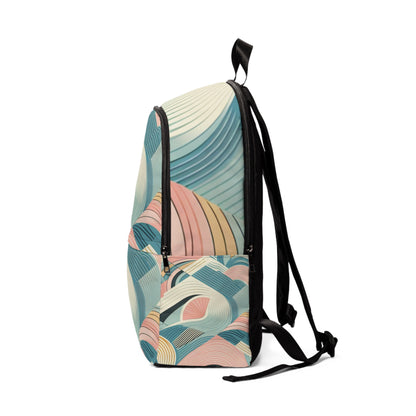Model wearing the chic Pastel Pattern Backpack by Dazzling Dreams Studio, demonstrating its stylish aesthetic suited for daily adventures.