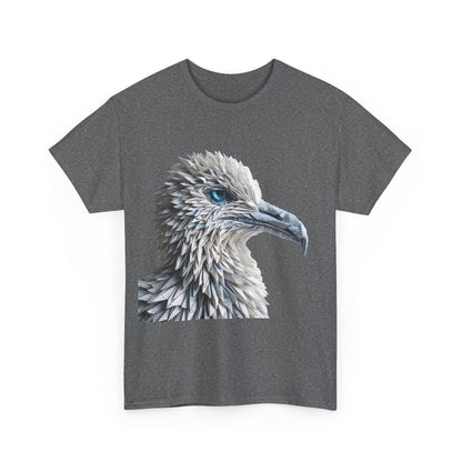 Sculpted Elegance Unisex Cotton Tee featuring detailed origami bird design on a grey background, showcasing intricate textures and vibrant, striking teal eye for a unique artistic flair.