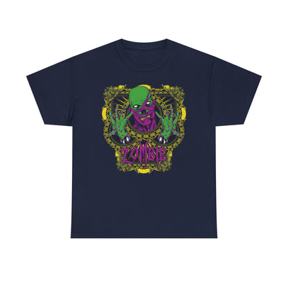 Premium navy blue graphic T-shirt featuring an eye-catching green-skinned zombie illustration, accompanied by bold purple text and ornate border designs for a unique aesthetic.