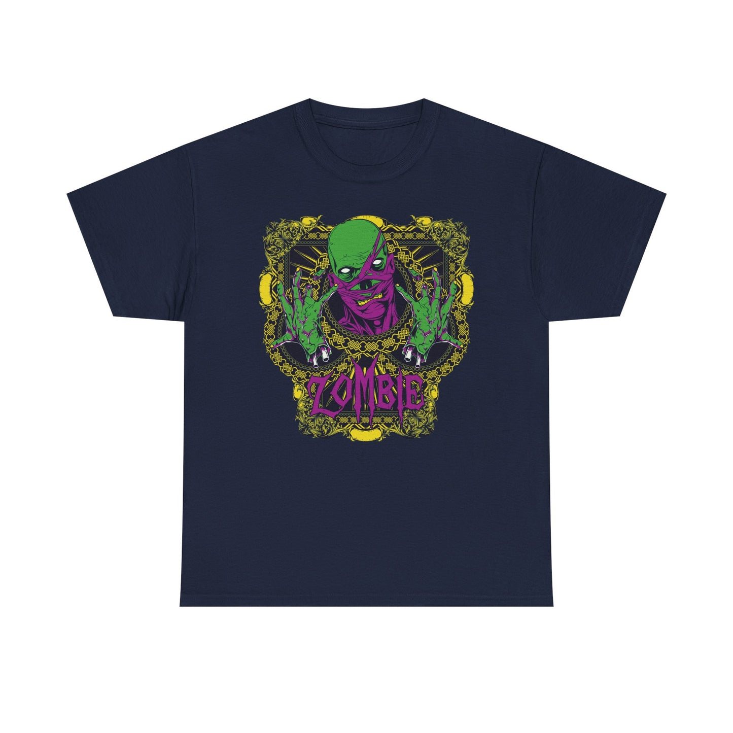 Luxurious men's T-shirt showcasing a vibrant zombie graphic design in striking green and purple against a bold black background, ideal for fashion-forward individuals.