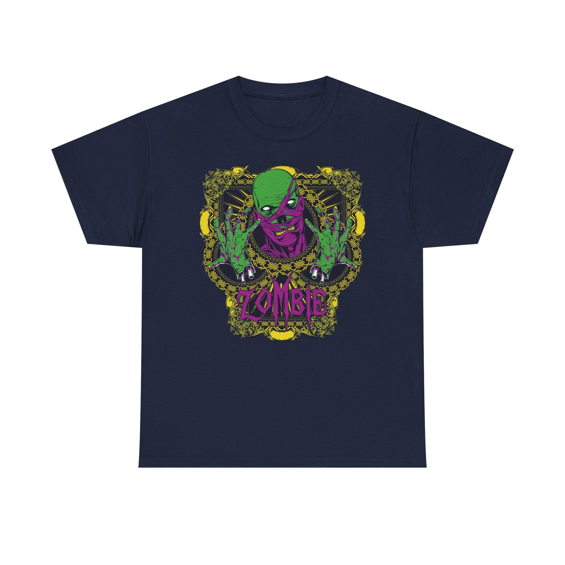 Luxurious men's T-shirt showcasing a vibrant zombie graphic design in striking green and purple against a bold black background, ideal for fashion-forward individuals.