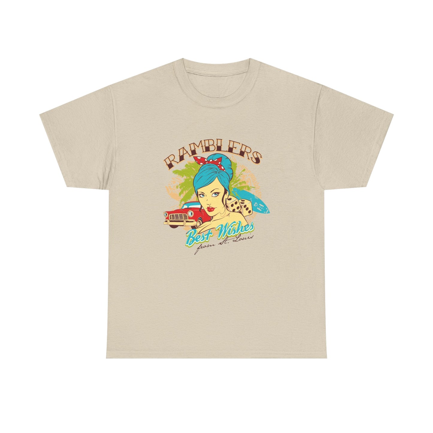 Luxury retro graphic T-shirt featuring a glamorous pin-up lady with teal hair, surrounded by vintage car imagery and tropical design elements, perfect for fashion enthusiasts.