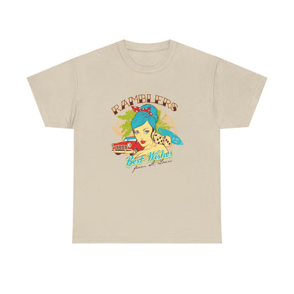 Luxury retro graphic T-shirt featuring a glamorous pin-up lady with teal hair, surrounded by vintage car imagery and tropical design elements, perfect for fashion enthusiasts.