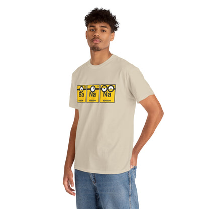 A male model wearing a beige T-shirt with a funny Minions Periodic Table design, highlighting Ba and Na with playful illustrations. Ideal for anyone who loves a casual style and incorporates fun Minions themes.