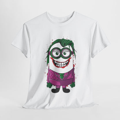 Stylish unisex white T-shirt featuring a whimsical Minion Joker design, with vibrant green hair and a purple suit, set against a clean backdrop for a contemporary look.