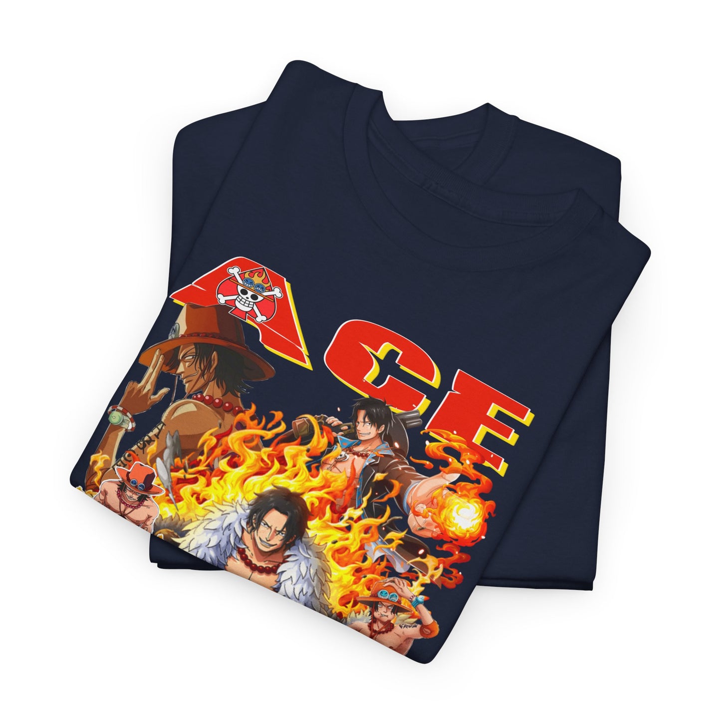 Folded navy graphic t-shirt displaying Ace from One Piece, showcasing dynamic character design with flames, ideal for stylish anime fashion enthusiasts.