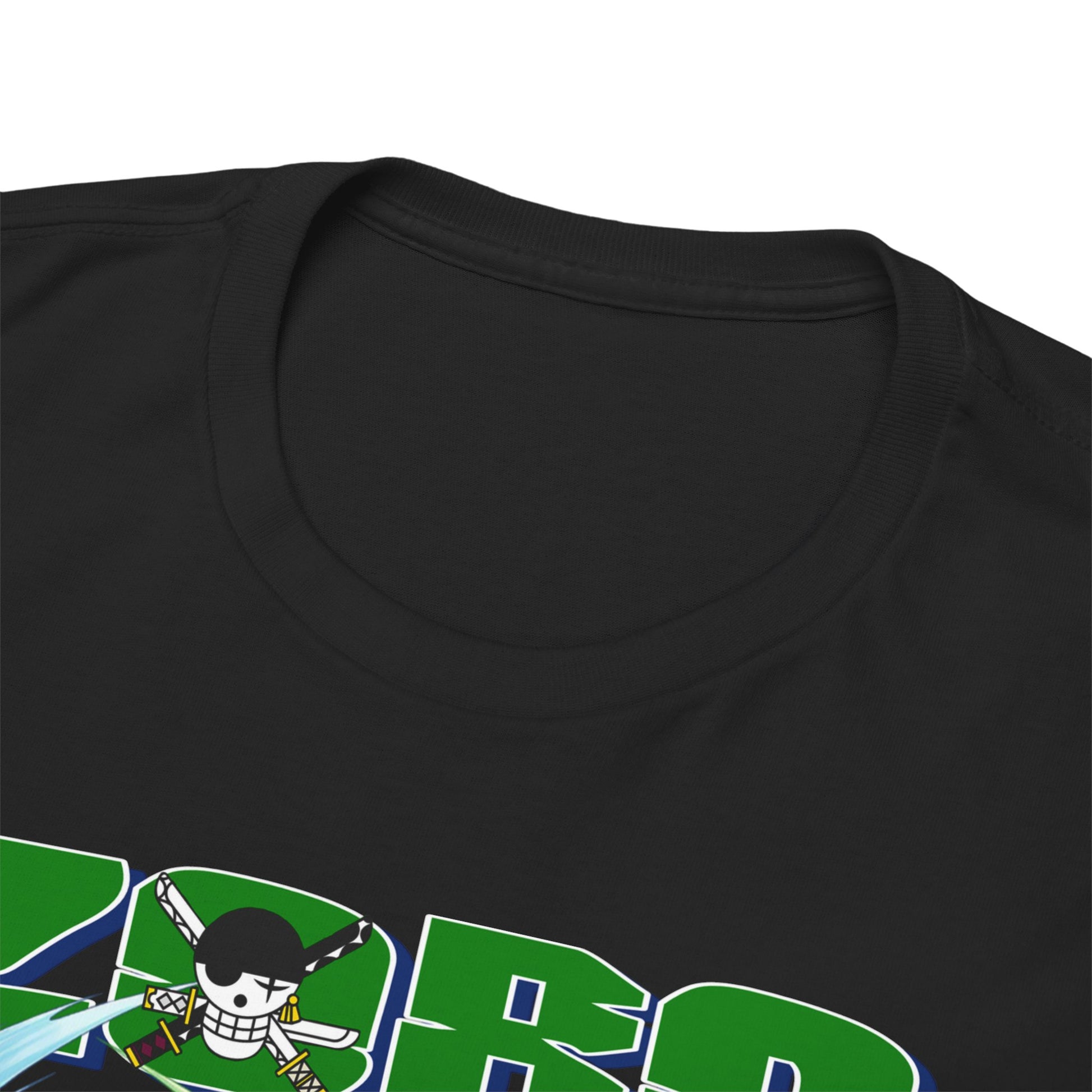 Luxurious close-up of a premium black t-shirt collar featuring a vibrant Zoro graphic from the popular anime series. Perfect blend of comfort and style for fans.