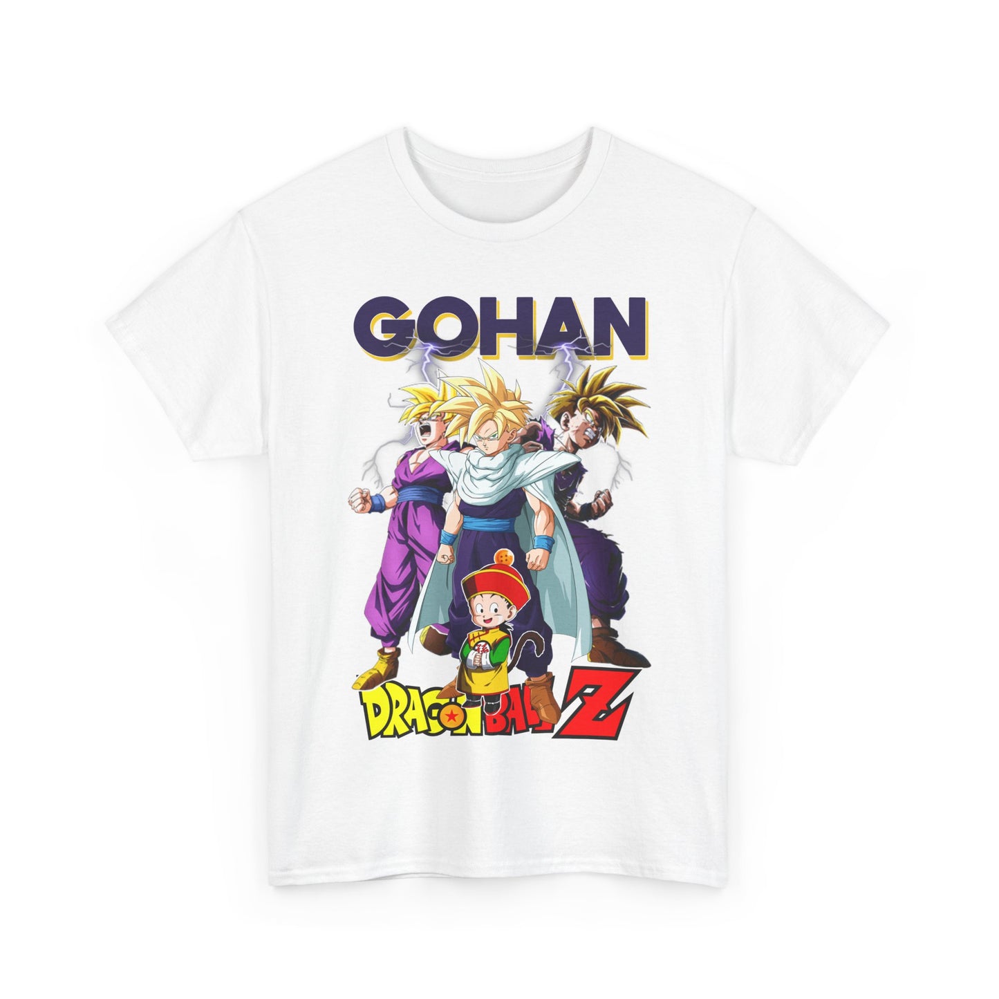 Front view of an exclusive Gohan Ascends T-shirt featuring vibrant artwork of iconic Dragon Ball Z characters, ideal for fashion-conscious anime fans.
