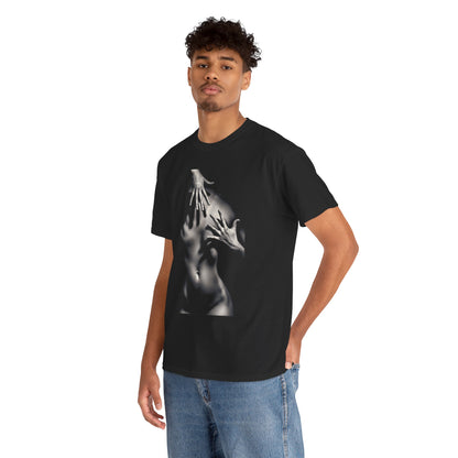 Model wearing a premium black graphic t-shirt adorned with a striking artistic print of hands on a nude silhouette, exuding effortless sophistication.