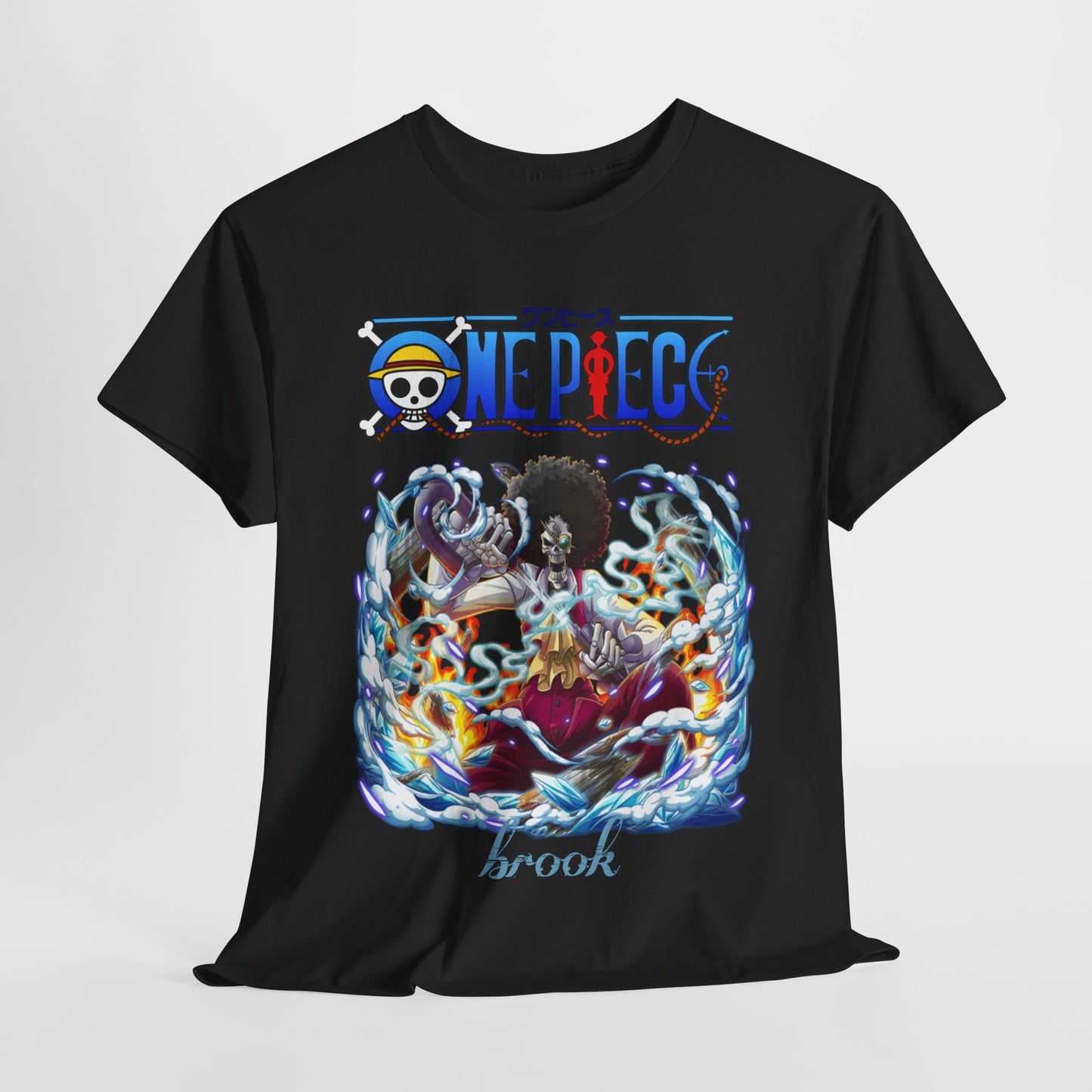 Luxurious black t-shirt showcasing an exquisite illustration of Brook from One Piece, surrounded by dynamic elements of ice and fire, epitomizing bold anime style.