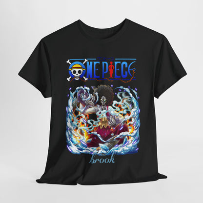 Luxurious black t-shirt showcasing an exquisite illustration of Brook from One Piece, surrounded by dynamic elements of ice and fire, epitomizing bold anime style.