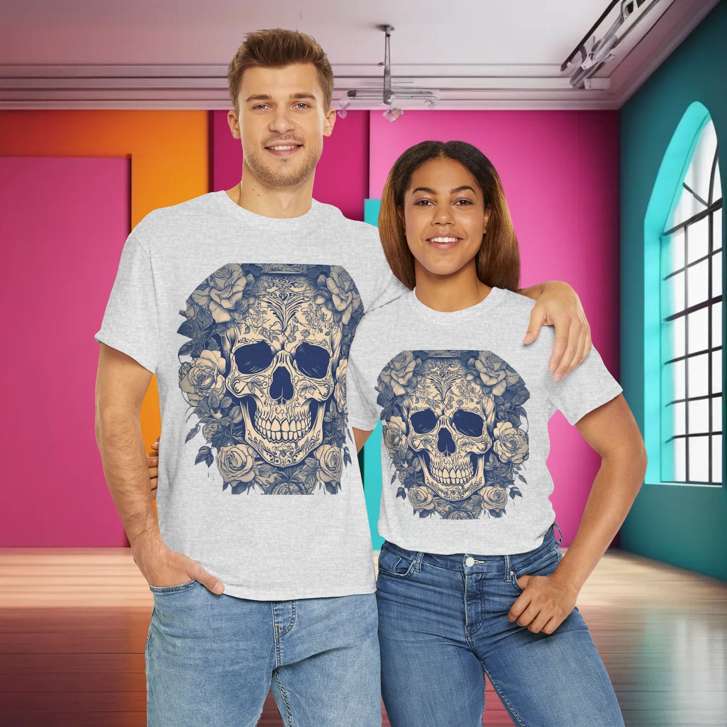 Skulls and Roses Cotton Tee, Unisex Graphic Shirt, 7 color choice