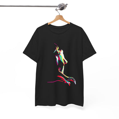 Elegant black tee hanging on a wooden hanger, featuring a striking multicoloured art design emphasizing playful elegance and modern style.