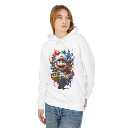 Front view of a stylish unisex computer game graphic lightweight hooded sweatshirt featuring a vibrant graphic, modelled elegantly by a woman.