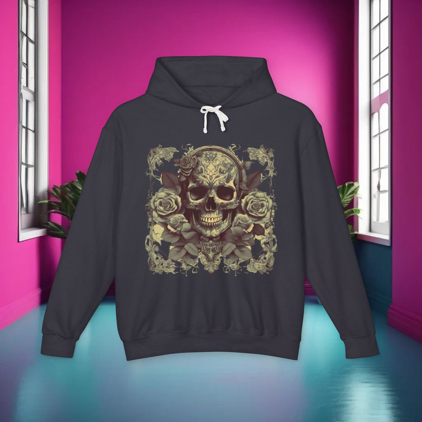 Unisex Lightweight Hooded Sweatshirt unique designer skull and roses