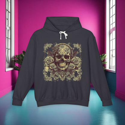 Close-up of the unique designer skull and roses on a grey Unisex Lightweight Hooded Sweatshirt in a vibrant setting.
