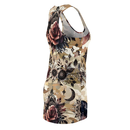 Stylish Women's Chic Designer Racerback Dress for Summer Events and Beach Vacations, featuring a beautiful floral and starry design, viewed from the back.