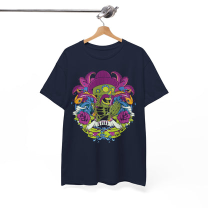Luxurious navy t-shirt showcasing a vibrant artistic skeleton design featuring octopus tentacles, koi fish, and intricate rose floral embellishments, embodying creativity and individuality.