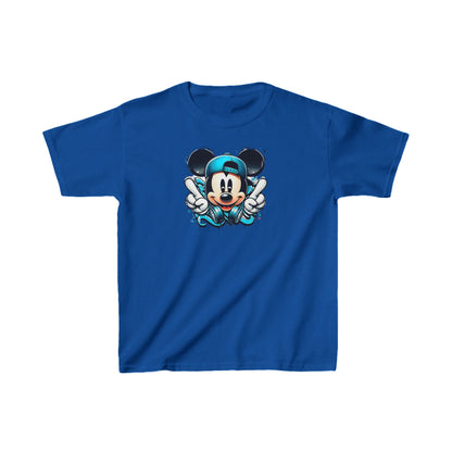 Child's Mickey Mouse Graffiti Unisex Graphic Tee Shirt Kids - Vibrant blue tee featuring classic Mickey Mouse in graffiti style, adorned with a teal cap and headphones, perfect for trendy young fashion enthusiasts.